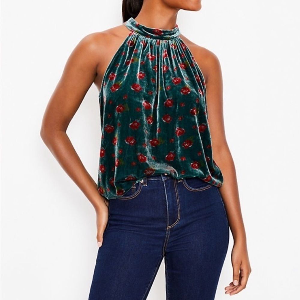 NWT Loft Velvet Floral Halter Top Women's Size XS Shirred Green Red Coquette